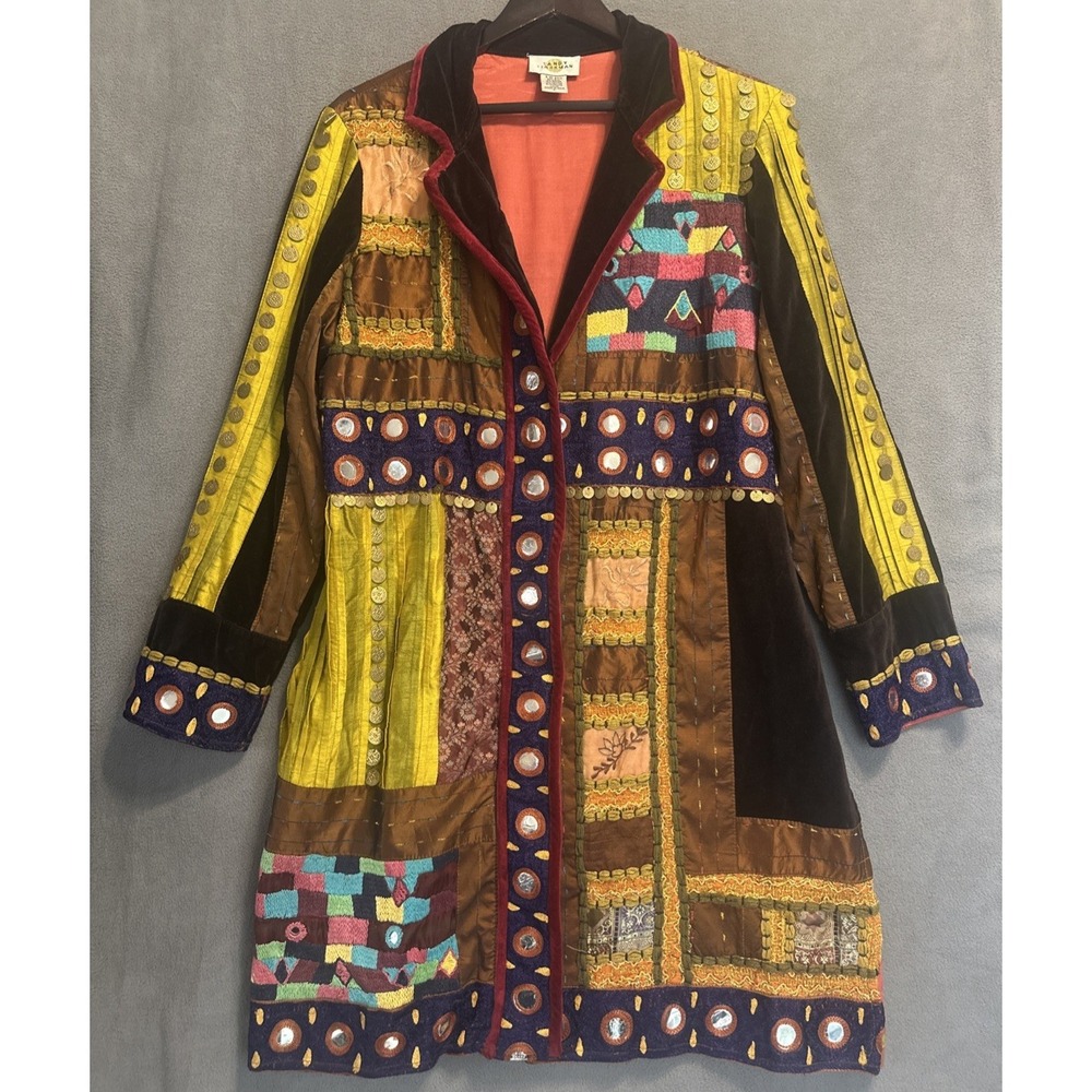 VTG Sandy Starkman Long Jacket Silk Blend Patchwork Size L Beaded Eclectic Artsy